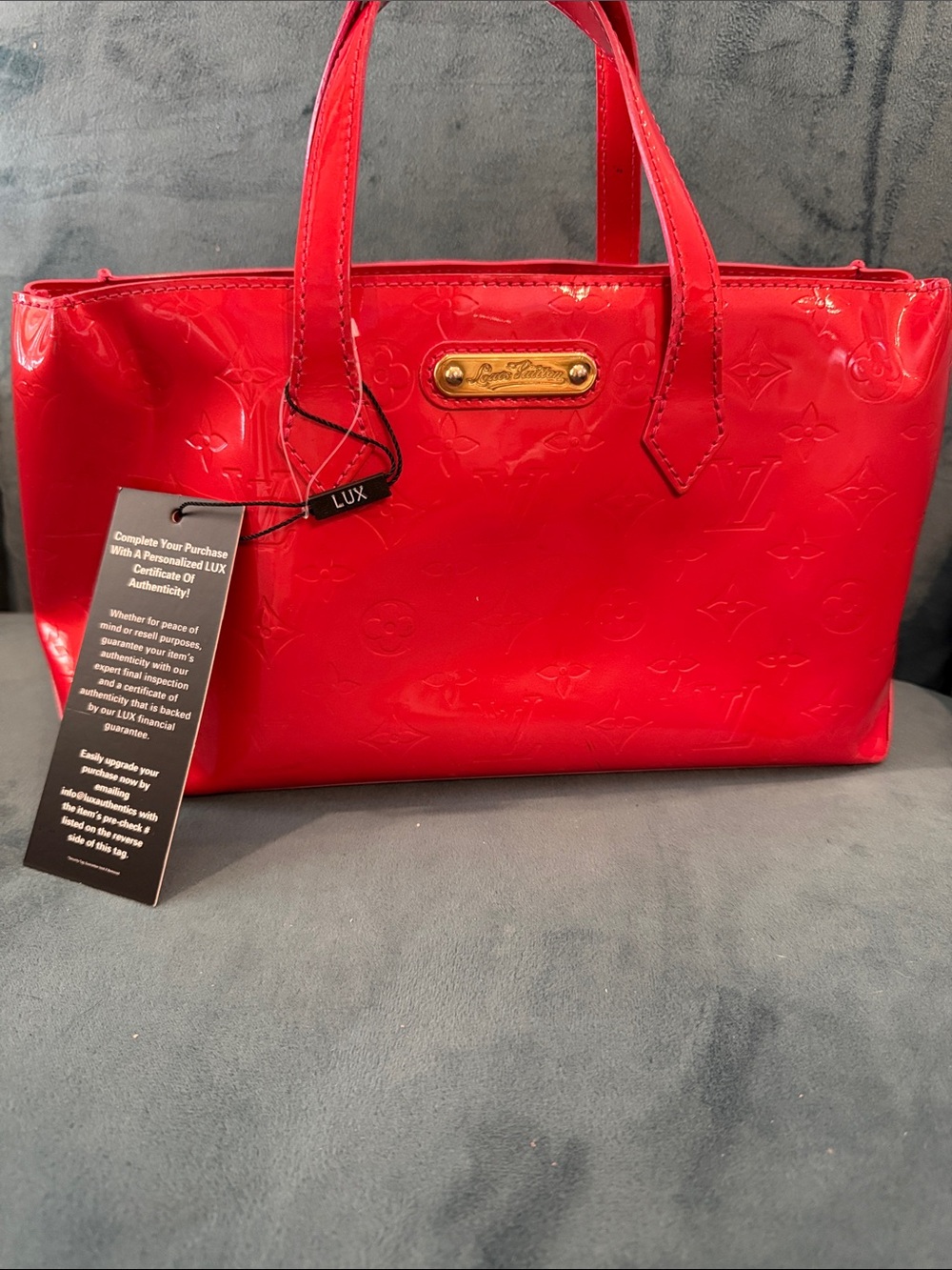 Louis Vuitton Red Vernis Patent Shopper with Gold Plaque, Pink Interior